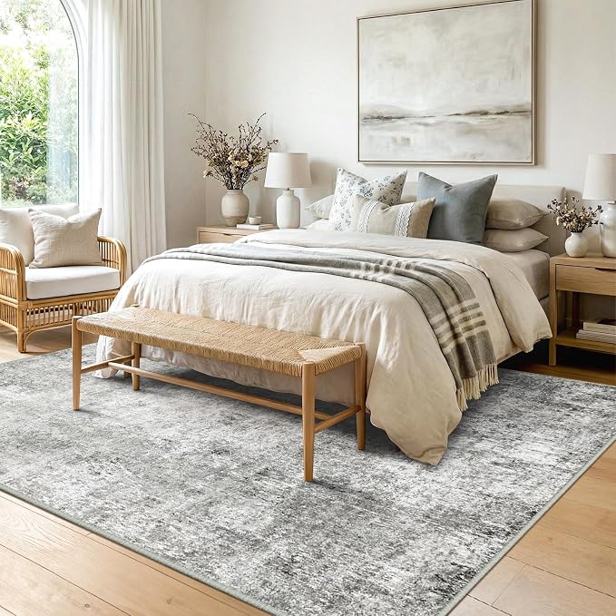 RELEANY Washable 9'x12' Abstract Area Rug for Living Room Gray White | Carpet for Bedroom, Kitchen, Office, Hallway and Entryway, Printed Pattern, Non‑Slip, Soft, Stain‑Resistant, Easy to Clean
