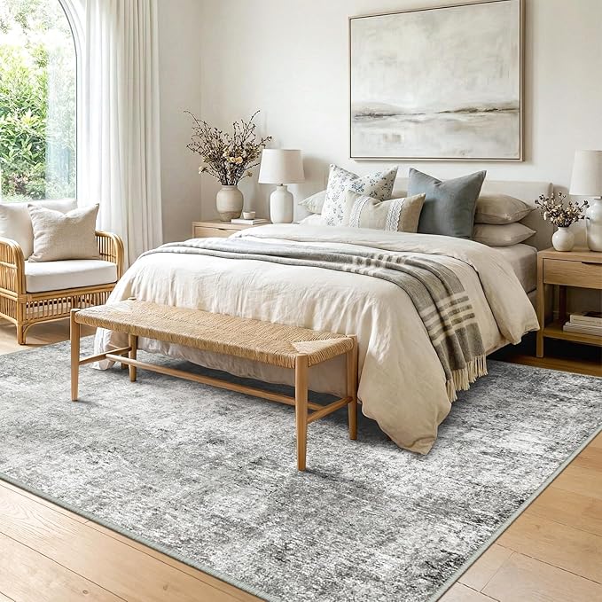 RELEANY Washable 10'x14' Abstract Area Rug for Living Room Gray White | Carpet for Bedroom, Kitchen, Office, Hallway and Entryway, Printed Pattern, Non‑Slip, Soft, Stain‑Resistant, Easy to Clean