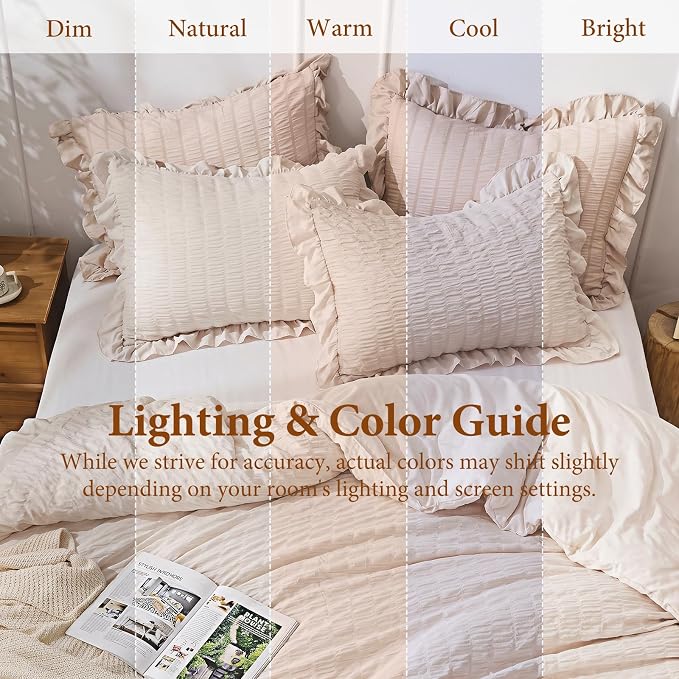 JOLLYVOGUE Oversized King Comforter Set, 3 Pieces Beige Seersucker Comforters, Lightweight & Fluffy Bedding Sets for All Season with 1 Ruffle Comforter and 2 Ruffle Pillowshams