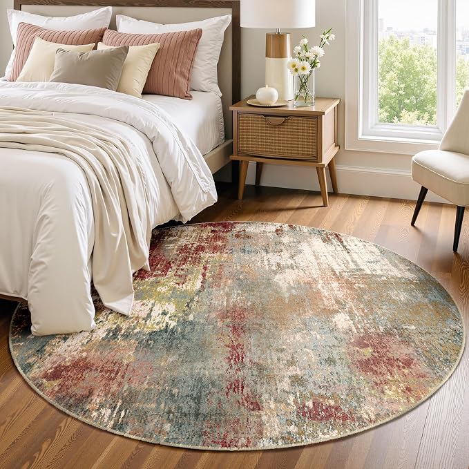 RELEANY Washable Round 4ft Area Rug for Living Room Rustic Brown | Carpet for Bedroom, Kitchen, Office, Hallway and Entryway, Printed Pattern, Non‑Slip, Soft, Stain‑Resistant, Easy to Clean