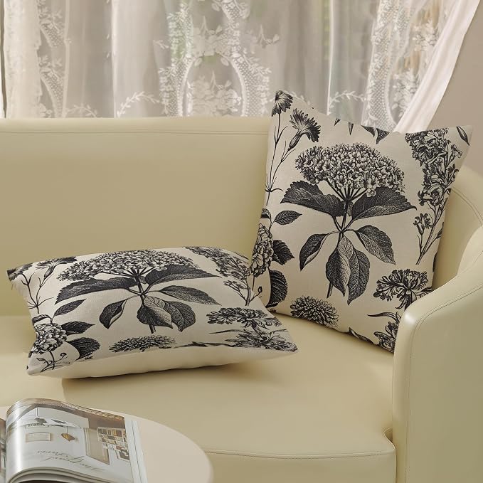 Black Pillow Covers 20x20 Inch 2 Pcs Boho Vintage Floral Decor Throw Pillows Hydrangea Flower Seasonal Outdoor Farmhouse Neutral Accent Decoration Pillowcase Linen Cushion Cover for Couch