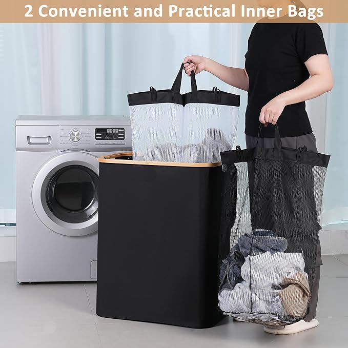 IEGrow Laundry Hamper with Lid,150L Laundry Basket with 2 Mesh Bags,Black | Dirty Clothes Hamper Basket with Bamboo Handle for Clothes Towels