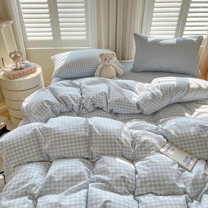 LifeTB Blue Gingham Comforter Set Twin XL 3 Pieces Blue Plaid Checkered Comforter Set Lightweight Grid Bedding Comforter with 2 Pillowcases Soft Farmhouse Gingham Bedding Set for All Seasons