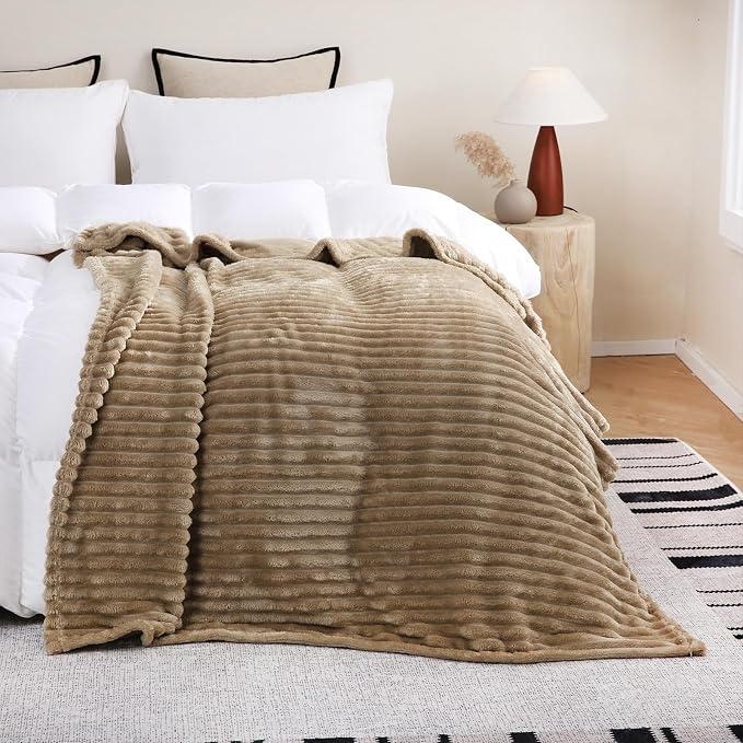 Tan Fleece Throw Blanket 90”×90” for Couch Sofa Livingroom | Super Soft Cozy Plush Microfiber Flannel Bed Blanket Striped Design Lightweight Home Decor Gifts for Adults Mom Women