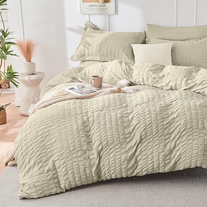 HYMOKEGE Light Linen King Size Comforter Set Seersucker 7 Pieces, All Season Luxury Bed in a Bag for Bedroom, Bedding Set with Comforter, Sheets, Pillowcases & Shams