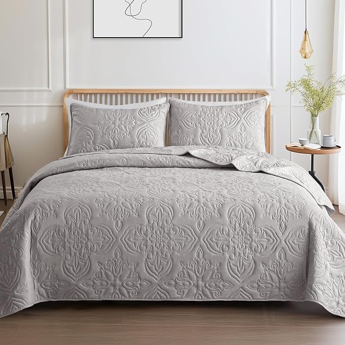 Whale Flotilla Queen Quilt Bedding Set Vintage Damask Reversible Bedspread | Suitable for Bed, 3 Pieces Light Grey Lightweight Breathable Quilts Queen Size, Ultrasonic Coverlet with 2 Pillow Shams