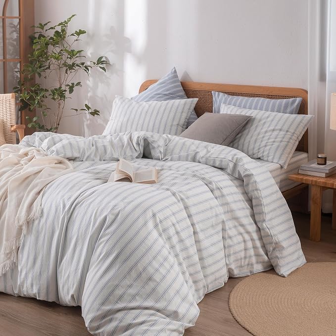BESTOUCH Striped Cotton Duvet Cover Set Linen Feel Super King | 100% Washed Cotton, Soft Wrinkle Texture, Hidden Zipper, 8 Ties, Breathable Lightweight Durable Comfy, 3 Pcs No Insert