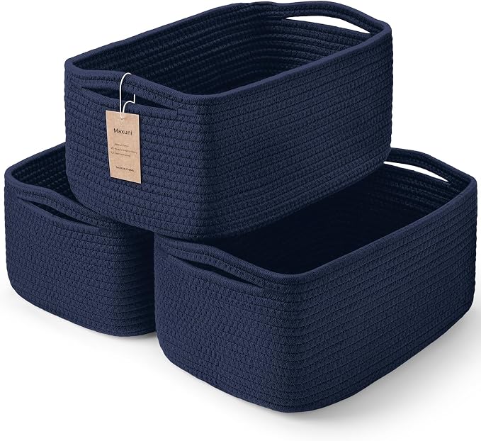3 Pack Small Storage Baskets for Organizing, 11.8×7.8×5.1", Navy Blue | Woven Baskets for shelves, Cotton Rope Basket for Gifts Empty, Closet Organizer Bins with Handles, Cube Decorative Box