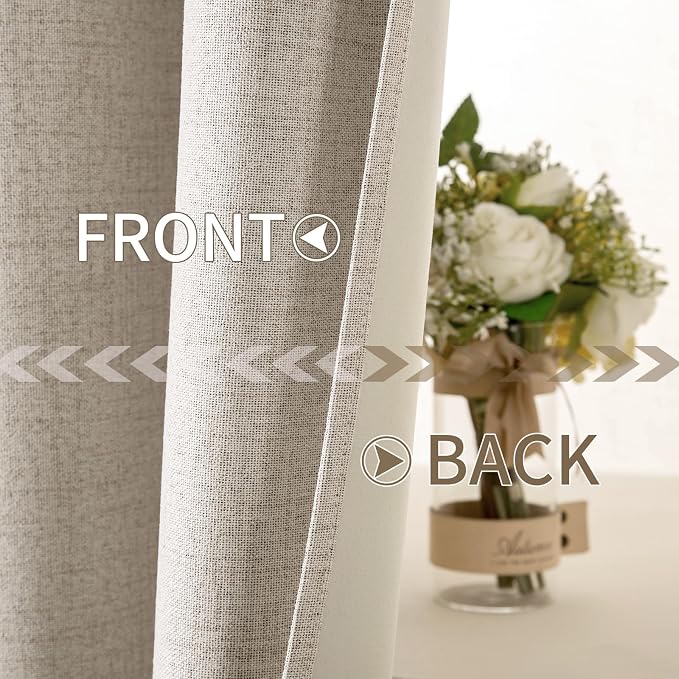 MIULEE 100% Blackout Linen Curtains for Bedroom 52x63 Inches Natural | Room Darkening, Light Blocking, Thermal Insulated, Grommet Top, Linen Textured, Window Curtains for Living Room, 2 Panels