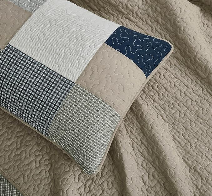 Chezmoi Collection Addy 3-Piece Navy Blue White Gray Taupe Plaid Patchwork Quilt Set - Pre-Washed Cotton Quiltd Lightweight Reversible Bedspread for All Seasons, Oversized King Size