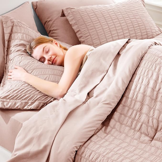 Queen Comforter Set, 7 Pieces Rose Gold Seersucker Bed in a Bag | OEKO-TEX Certified, All Season Bedding Set with 240 GSM Down Alternative Comforter, Flat & Fitted Sheets, Pillowcases & Shams