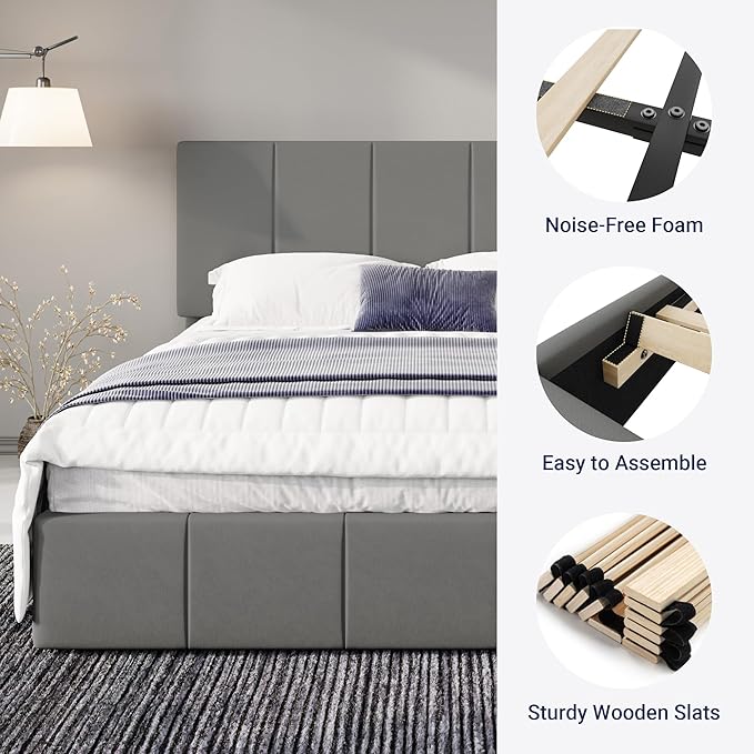 Allewie King Size Dutch Velvet Upholstered Platform Bed Frame/Vertical Channel Tufted Adjustable Headboard/Low Profile Bed Frame/No Box Spring Needed/Easy Assembly/Grey
