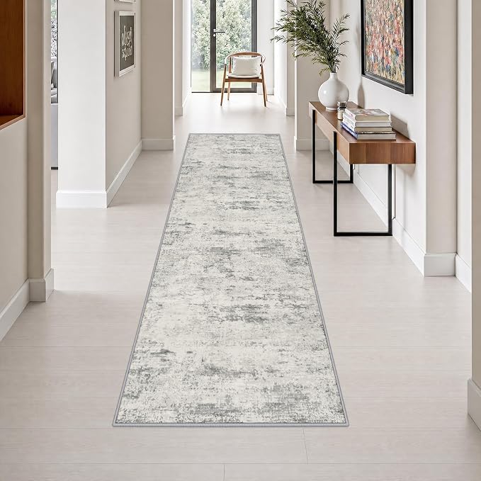 2.6x10 Washable Runner Rug:Modern Abstract Indoor Soft Carpet Gray | For Hallway, Bedroom, Kitchen, Laundry, Bathroom,Door Mat,Modern Abstract,Machine washable,Non-Slip,Stain Resistant,Indoor