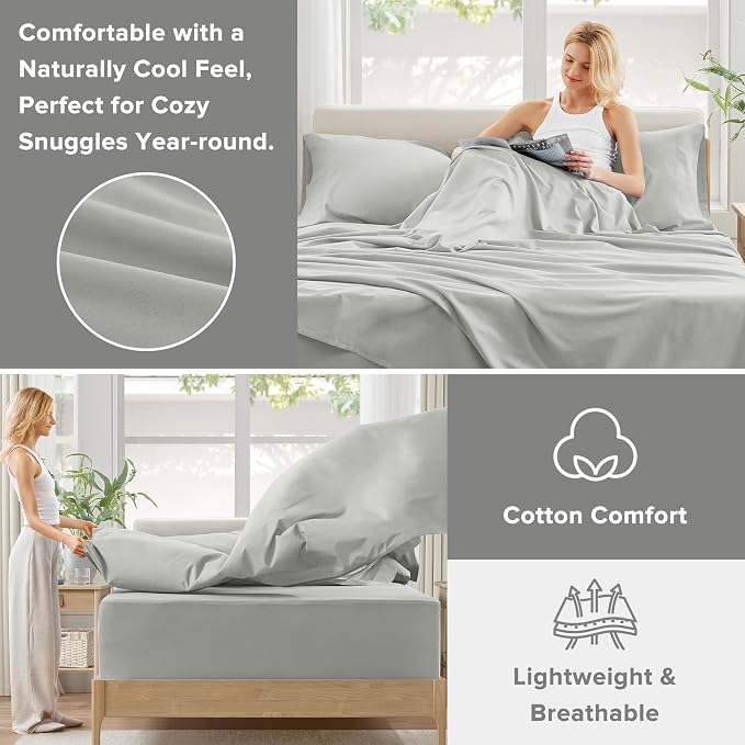 Comfort Spaces 100% Cotton Percale Sheets King Extra Deep Pocket, 4 Pcs | Crisp, Cool & Breathable Bed Sheets, 22" Deep Pocket Fits Up to 24" Mattress, Lightweight, All Season Cozy, Grey