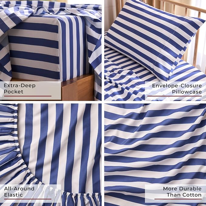 Mellanni Iconic 3-PC, Ultra Soft Sheet Set (Twin, Oxford Stripe Blue Nova) | 10M+ Sleepers. Lab-tested: Sleeps Cool, Stays Bright, Strong, Smooth. Good Housekeeping Best Bedding, 7 yrs running.