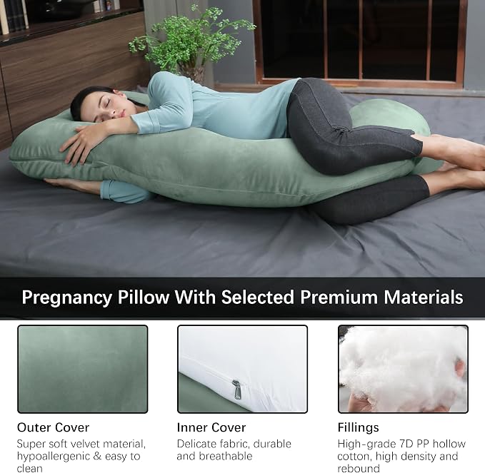MOON PARK Pregnancy Pillows for Sleeping - U Shaped Full Body Maternity Pillow with Removable Cover - Support for Back, Legs, Belly, Hips - 57 Inch Pregnancy Pillow for Women - Green