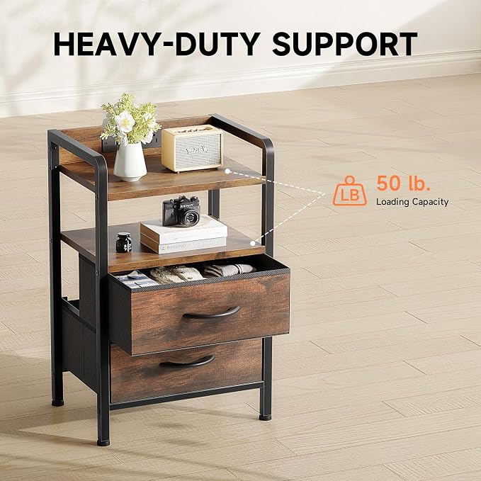 Lazzanto Nightstand with Rear Charging Station, LED Light, 2 Drawers, Brown | Industrial Nightstand, 2 USB-A Ports & AC Outlets, Raised Back Guard, Fabric Storage Drawers, Bedside Table for Bedroom, Dorm