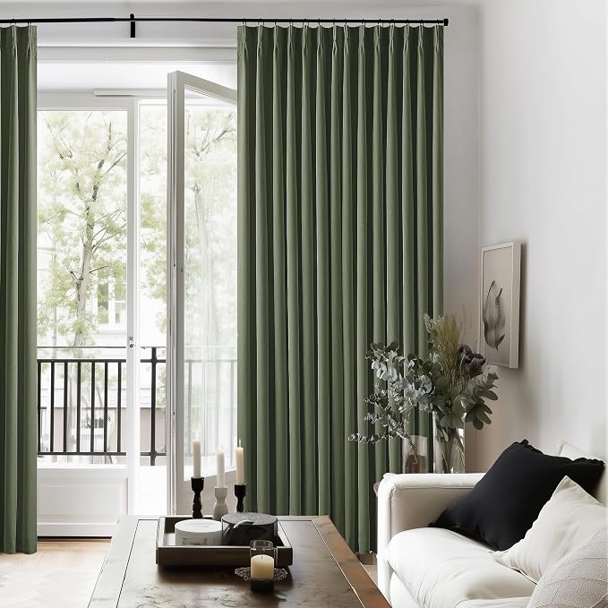 Olive Green Linen 100% Blackout 120 Inch Curtains for Living Room 2 Panels | Pinch Pleated Back Tab Drapes, Thermal Insulated Full Black Out, Farmhouse Boho, W40xL120 Curtains for High Ceiling to Floor