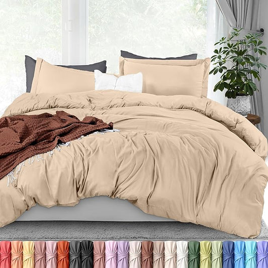 Duvet Cover Full, 3 Piece Cotton Like Polyester With Zipper Closure, Beige | Extra Soft and Breathable, Wrinkle & Fade Resistant, Includes Duvet Cover and 2 Pillow Shams, Comforter Not Included, OekoTex