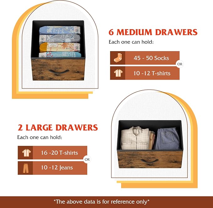 WLIVE 8 Drawer Dresser for Bedroom, Wide Chest of Drawers, Rustic Brown | 8 roomy fabric drawers, Large storage design, Bedroom or living room, Sturdy steel frame, Smooth wood tabletop