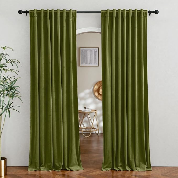 RYB HOME Velvet Curtains 80 inches Long for Living Room Bedroom, Back Tab | Thermal Insulated, Privacy Assured, Luxurious Home Decor, Covers for Doorway Closet, W52 x L80, Moss Green, 2 Panels Set