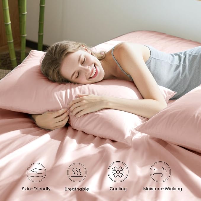 Love's cabin 4 Piece California King Size Sheet Set, 100% Rayon Derived from Bamboo, Cooling & Breathable, Soft Silky Deep Pocket up to 16", Hotel Luxury Bedding for Hot Sleepers, Pink