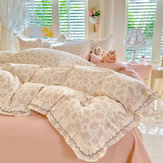 mixinni Country Floral Duvet Cover Set King Size – 100% Cotton Cottagecore Bedding with Double Layer Ruffle Lace & Black Lace Trim, Shabby Chic Reversible Farmhouse Style Comforter Cover 3-Piece