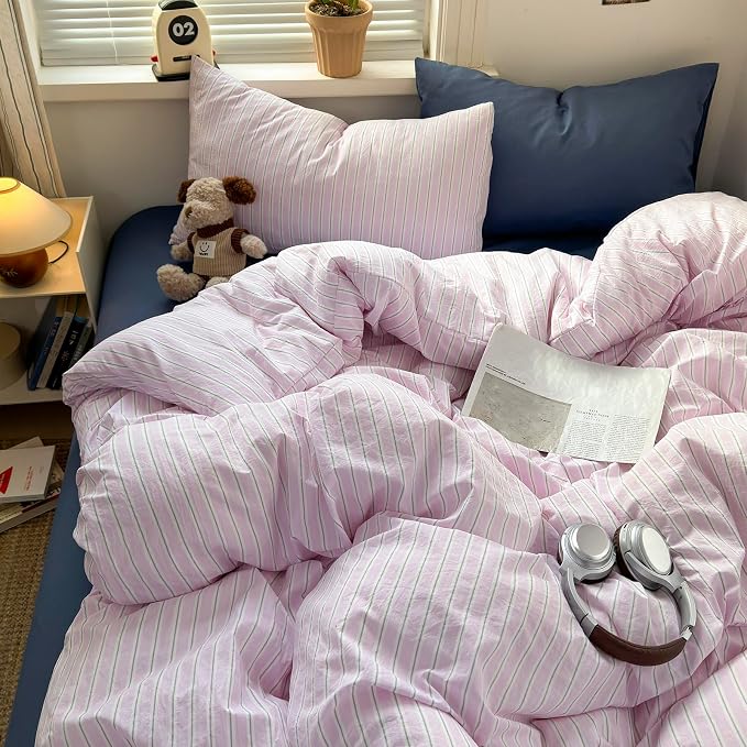 mixinni Pink White Striped Duvet Cover King Size, 3-Piece Washed Microfiber Vintage Striped Bedding Set, Soft Aesthetic Stripe Pattern Duvet Cover with Zipper Closure & Corner Ties for Women Girls