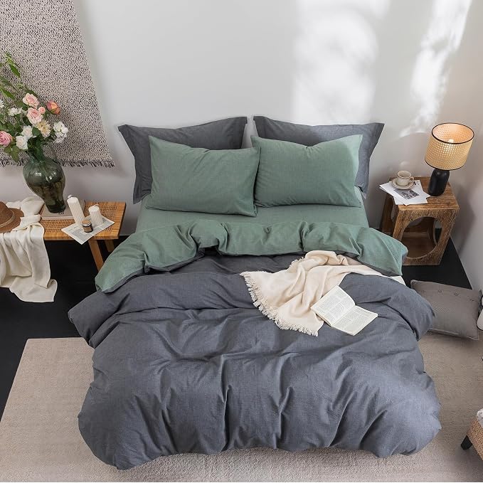 BDEAR 3Pcs Duvet Cover Set Queen Size 90" Wx90 L,Heathered Green and Grey | 100% Washed Cotton, 1 Duvet Cover with 2 Pillowcases, Zipper Closure, OEKO TEX Standard,8 Corner Ties,Linen-Liked Texture