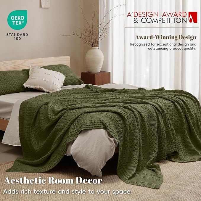 PHF Lightweight 100% Cotton Waffle Blanket for Bed, Queen, Capulet Olive | Pre-Washed Soft Cotton Comfort, Breathable Layering Warmth for Fall & Winter, Bed, Sofa, Couch, Home Decor & Gifts