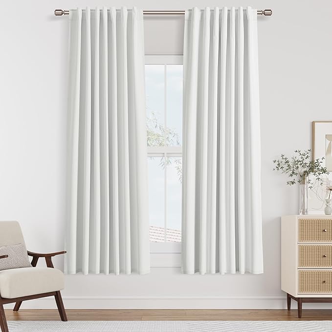 White 100% Blackout Linen Curtains 52 Inch Wide by 64 Inch for Living Room Bedroom Back Tab Thermal Insulated Black Out Linen 2 Drapes Room Darkening Window Curtains