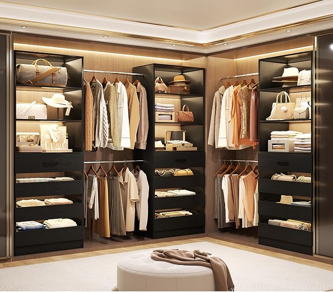 Aheaplus Closet System with 12 Drawers, 8.5-11.5Ft Wood Closet Organizer | Black Closet Storage with 4 Hanging Rods & 3 Towers, 4Ft & 6Ft L-Shaped Walk-in Closets Wardrobe Organizer, Set of 3