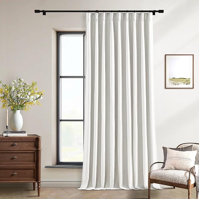 Beige White Pinch Pleated 100% Blackout Linen Curtains W60xL102 1 Panel | Black Out with Liner, Memory Trained, Pinch Pleat with Back Tab, Energy Efficient, Thermal Insulated Window Drapes 1 Panel
