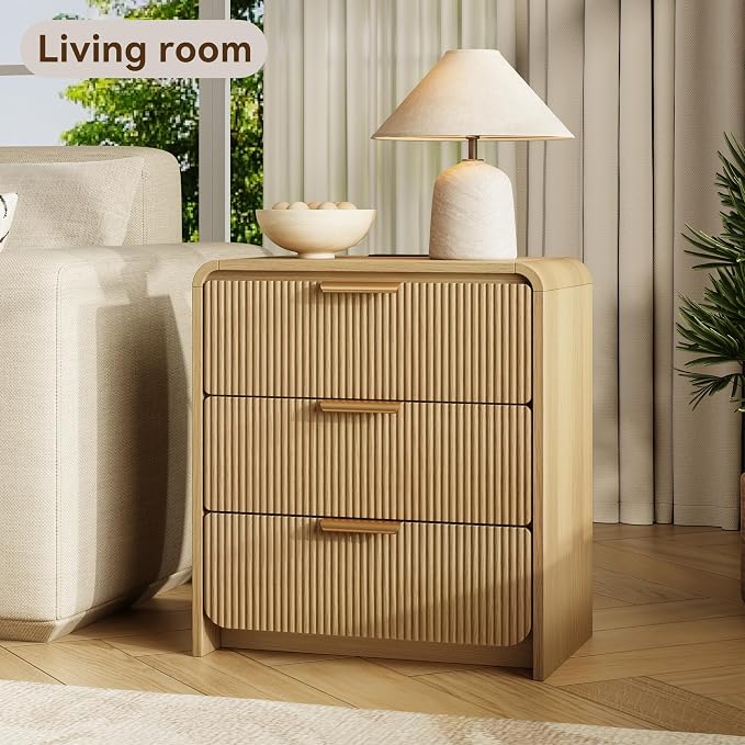 24" 3 Drawers Fluted Nightstand, Natural Oak | 3 Drawers Bedside Table, Metal Handles & Charging Station, Curved Profile End Table for Bedroom