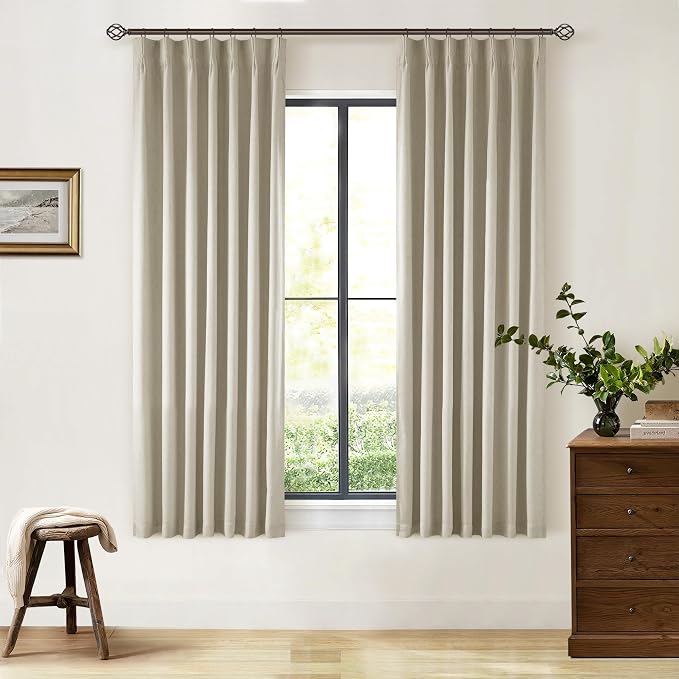 Burlywood Birch 63 Inch Blackout Pleated Linen Curtains with Liner 40x63 | Memory Trained, 100% Black Out, Thermal Insulated, UV Blocking, Noise Reducing Curtains for Small Window Bedroom 2 Panels