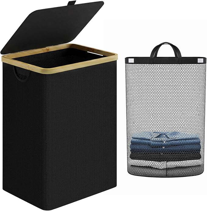IEGrow Laundry Hamper with Lid,85L Laundry Basket with Mesh Bags,Black | Dirty Clothes Hamper Basket with Bamboo Handle for Clothes Towels