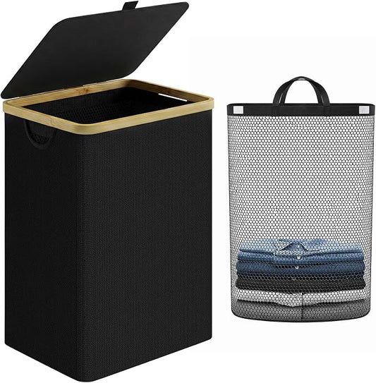 IEGrow Laundry Hamper with Lid,85L Laundry Basket with Mesh Bags,Black | Dirty Clothes Hamper Basket with Bamboo Handle for Clothes Towels