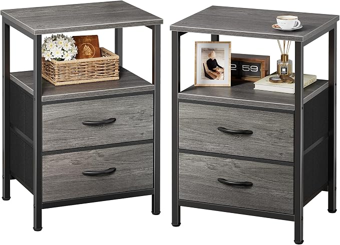 Huuger Night Stand Set of 2, Nightstand with 2 Drawers, Bedside Table | Open Shelf, Wooden Top, End Table, Fabric Drawer, for Bedroom, Living Room, Gery