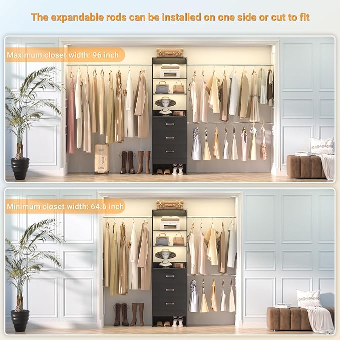 Besiost 96'' Closet Organizer System with 3 Hanging Rods, 8FT Closet Organizers and Storage with 3 Wooden Drawers, Built in Closet Organizer Systems, Adjustable Walk-in Wardrobe from 5-8FT, Black
