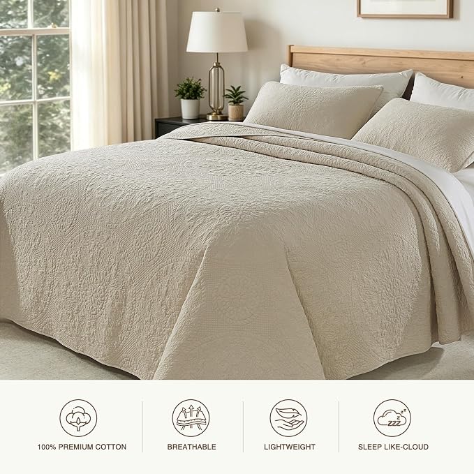 GOONE 100% Cotton Quilt Queen Size Bedding Quilt Sets 98x98 in, Light Beige | Lightweight Breathable Bedspread Coverlet for Summer, Farmhouse Stitched Medallion Pattern Queen Quilt Set & 2 Pillow Shams