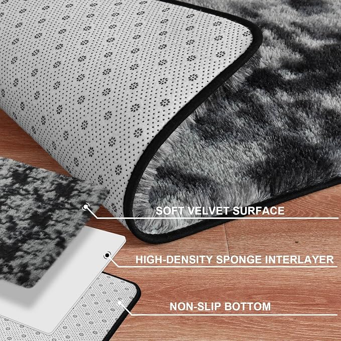 2x3 Small Rug for Bedroom Livingroom Mini Space Home Decor, Modern Indoor Shaggy Plush Fluffy Furry Fur Rugs Comfy Nursery Kids Room Floor Carpet, Tie-Dyed Black & Grey