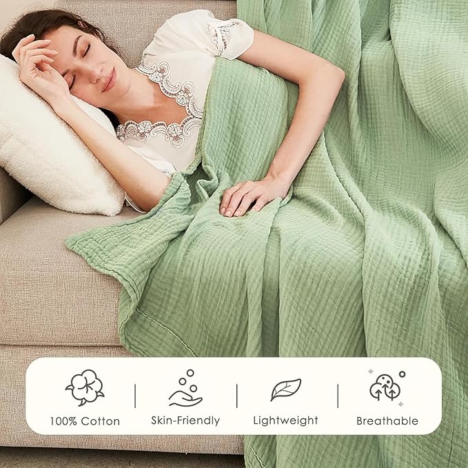 EMME Muslin Blankets for Adults Throw Blanket for Couch Breathable Gauze Soft Lightweight Airy Sage Green Twin XL 66" x 90"