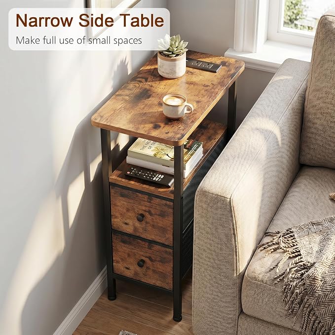 LOAKEKEL Narrow End Table with Charging Station, Small Nightstand | Skinny Side Tables Living Room with 2 Fabric Drawers, Slim Bedside Table for Bedroom, Small Spaces, Couch, Brown