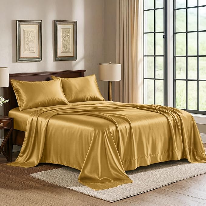 Satin Sheets Full [4-Piece, Gold] Hotel Luxury Silky Bed Sheets - Extra Soft 1800 Microfiber Sheet Set, Wrinkle, Fade, Stain Resistant - Deep Pocket Fitted Sheet, Flat Sheet, Pillow Cases