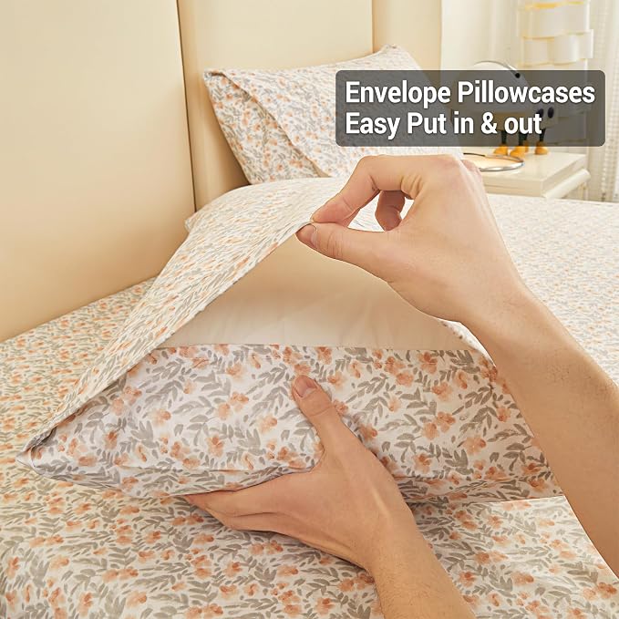 Viviland Floral Full Sheet Set - 4 Piece Vintage Light Orange Flower Patterned Bed Sheets - Soft, Breathable Microfiber Sheets with Deep Pocket, Non-Slip Fitted Sheets & Pillowcases