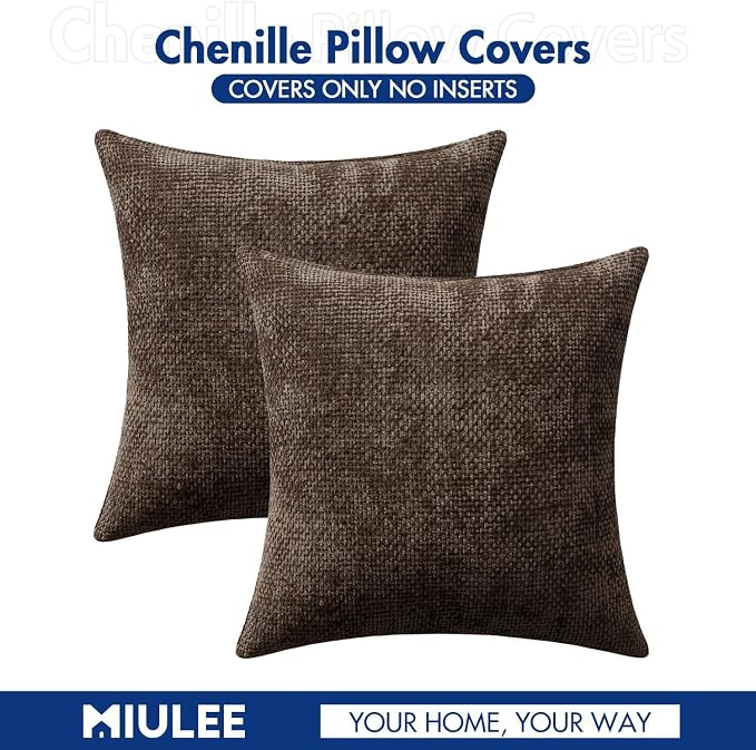 MIULEE Decorative Couch Throw Pillow Covers 16x16 Inch Dark Brown 2 Pack | Modern Boho Accent, Soft Chenille Pillow Covers, Farmhouse Cushion Cases for Home Decor Bed Sofa Living Room