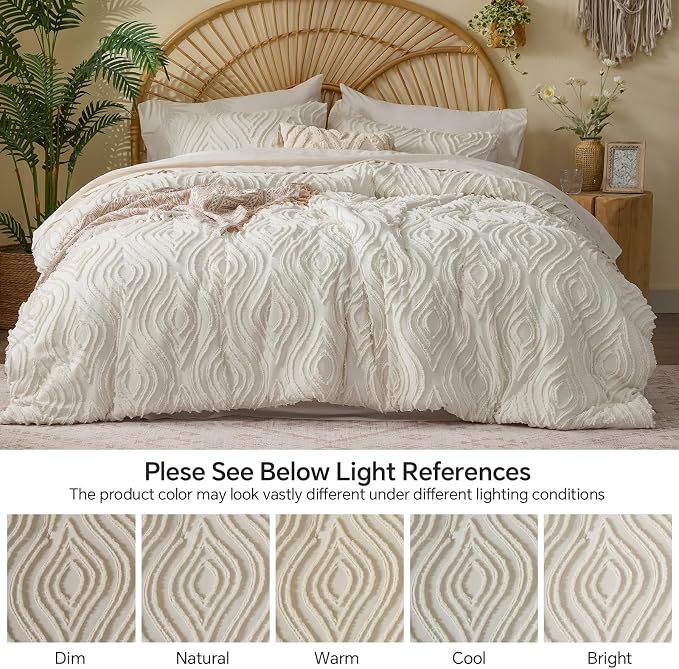 BEDELITE Twin Comforter Set 5 Pieces,Boho Bed in a Bag,Wavy-Cream White | Tufted Bed Set for All Seasons,Soft Farmhouse-Style Embroidery Bedding,Includes Flat & Fitted Sheets,1 Pillowcase & 1 Sham