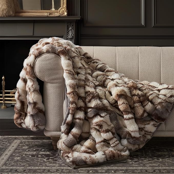 EverGrace Faux Rabbit Fur Bubble Throw Blanket, 60"x80", Beige & Gray | Ultra Soft, Luxury Faux Rabbit Fur Throw, Thick Warm Bubble Blanket, Cozy Fluffy Reversible, for Bed, Couch, Chair, Sofa