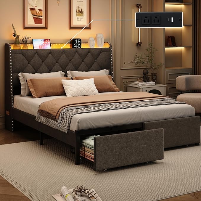Full Size Bed Frames with Storage Headboard and 2 Drawers, Upholstered Button Linen Platform Bed Frame Full with Led Lights and Charging Station, No Box Spring Needed, Easy Assembly, Noise Free, Gray