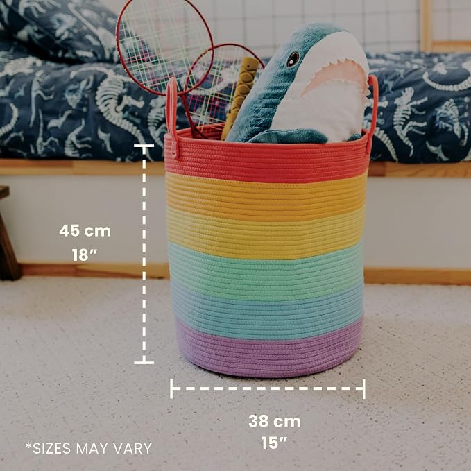 OrganiHaus Rainbow Laundry Basket & Hamper, Nursery Playroom 52L | Rainbow - Rainbow Cotton Rope Hamper, Nursery 52L